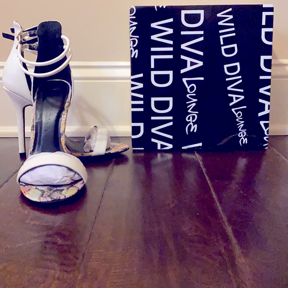 NBW Wild Diva Multicolor Snake Print White Heels